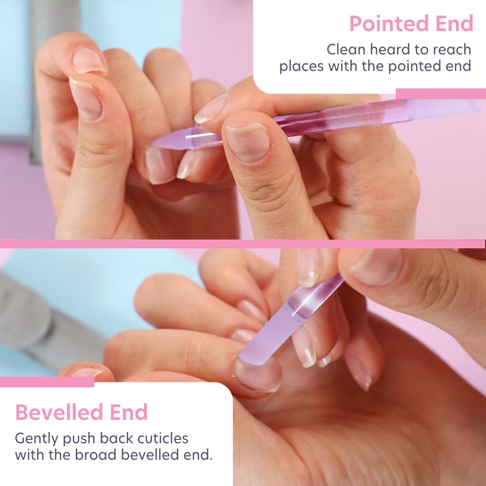 Bona Fide Beauty Glass Cuticle Pusher - High Grit Purple Dual Ended Nail Care Tool with Pointed and Slanted End. Manicure Tool for Women