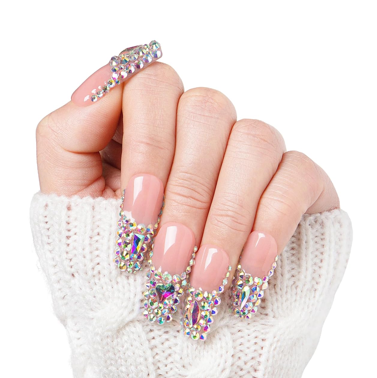 LOVFUL Reusable Press on Nails | Salon Quality Sustainable Style Handmade with Full Covered Crystals | Coffin Classic Regular 1.3 in | (Angel's Tear Rhinestone, S)