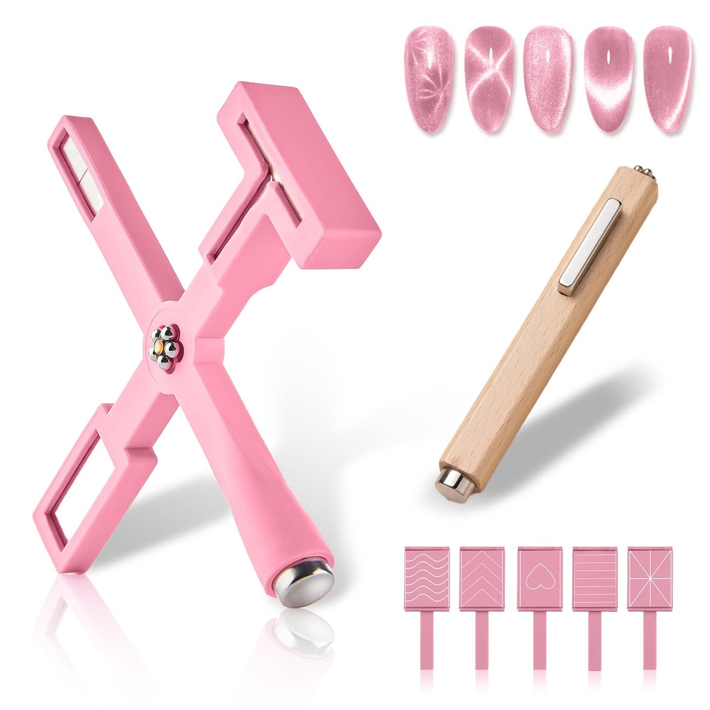 7Pcs 3D Cat Eye Gel Nail Polish Magnet Tools for Cat Eye Gel Nail Polish,5 in 1 Nail Magnet Nail Magnet Pen Stripe Nail Magnet Wands for Nail Art DIY Home Salon Manicure(Pink)