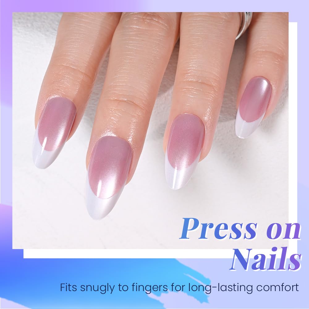 evpct Pink Cat Eye French Tip Press on Nails Almond Medium No Glue, White French Tip Medium Almond Holographic Stick on Nails for Women, Reusable Full Cover Soft Press on Nail Perfectly with Design