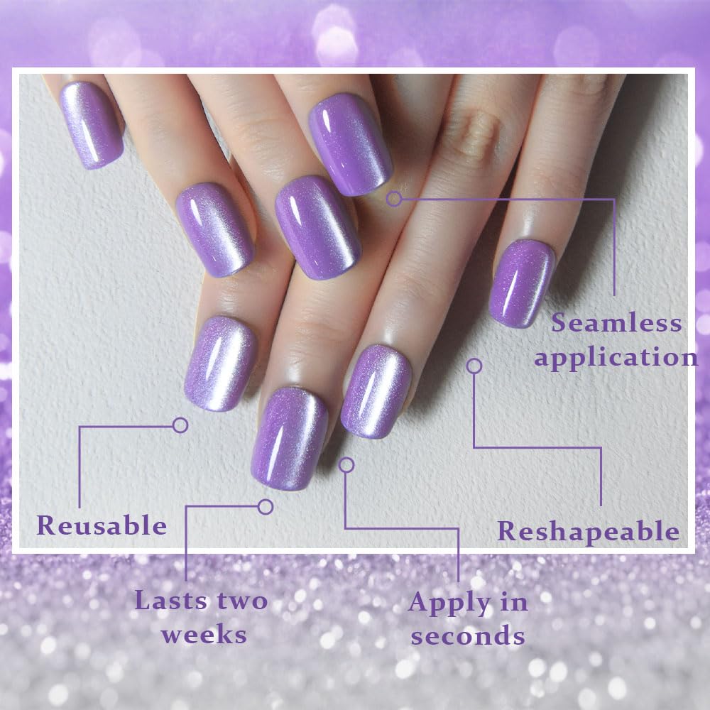 Lavender Cat Eye Press on Nails Short Square, Short Square Stick on Nails for Women Gift, Orchid Purple Glitter Glossy Fake Nail Reusable Press on Acrylic Fake Nail with Holographic Cat Eye Design