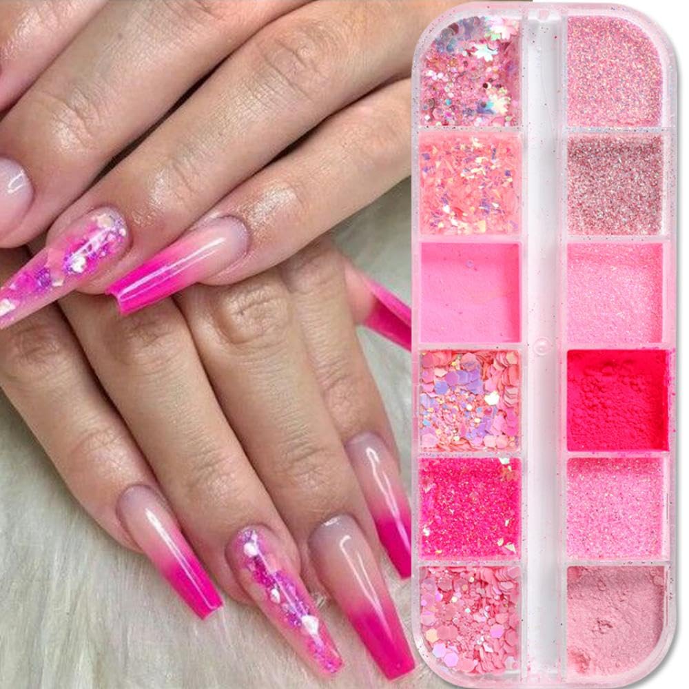 Pink Glitter Mermaid Nail Art Sequins 3D Flakes Laser Ombre Nail Glitter Design Shiny Glitters Powder Accessories for Women Girls Manicure DIY Nail Art Decorations