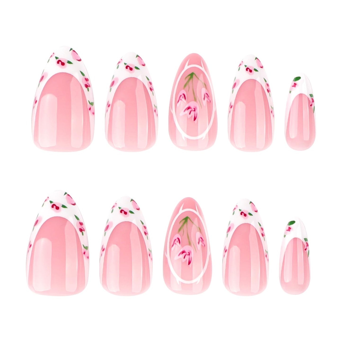 Pink Flower Press on Nails Medium Almond Fake Nails with Pink Tulip Design White French Tip False Nail Spring Full Cover Glossy Stick on Nail For Women Manicure 24 Pcs