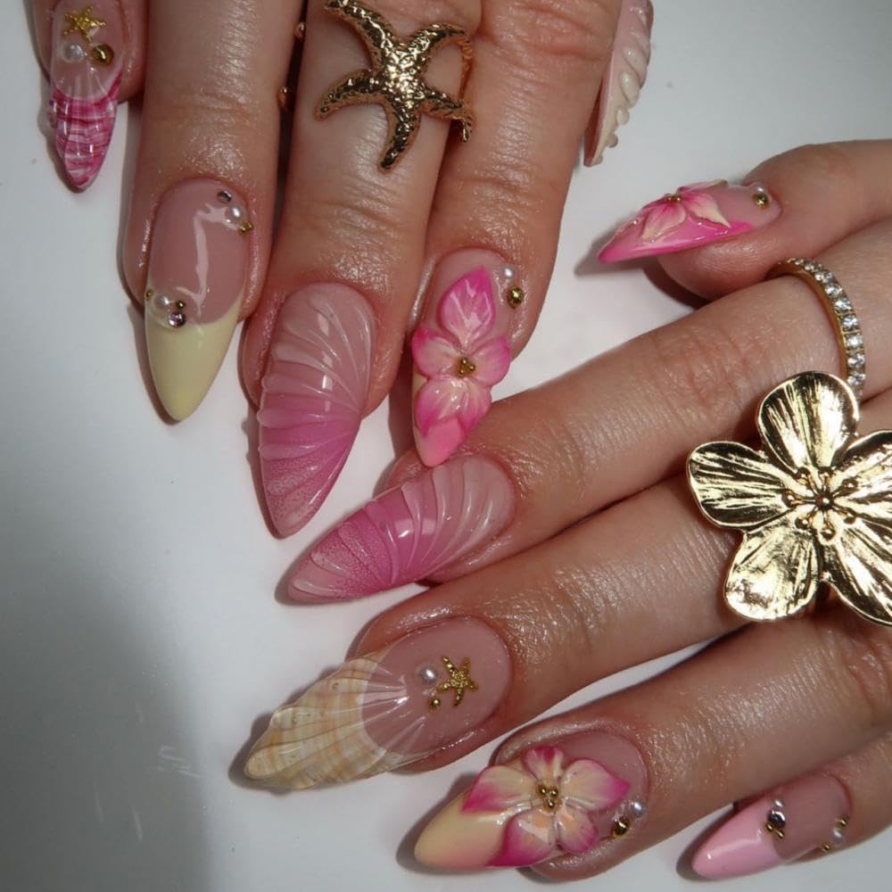 Handmade Press on Nails Medium Almond Fake Nails with 5D Rhinestones Flower Design Yellow French Tip False Nails Pearl Starfish Glue on Nail Glossy Ombre Pink Nail for Women Manicure 24Pcs