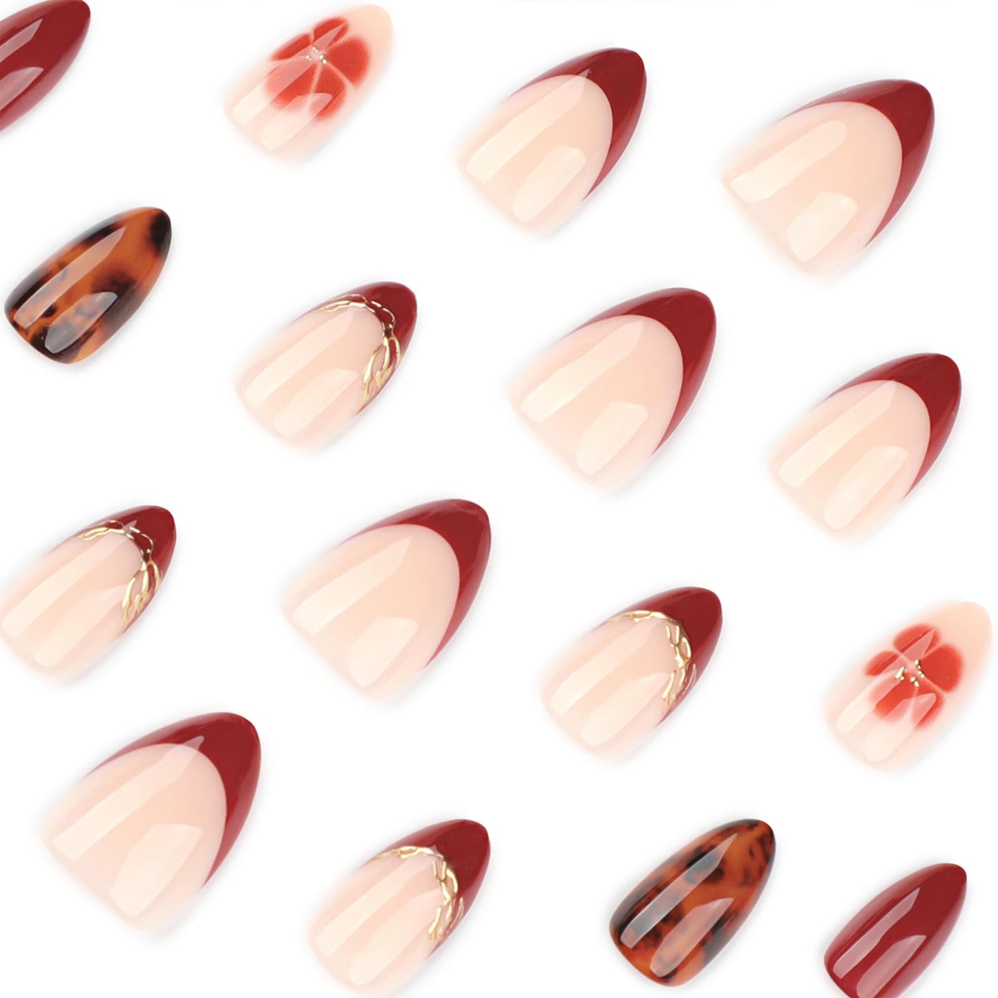 Stbisen French Short Oval Gel Press on Nails, Nude Fake Nails with Wine Red French Tip, Stick on Nails，Glue on Nails with Flower & Brown Tortoise Shell Design, Reusable Press on Nail for Women, 24PCS