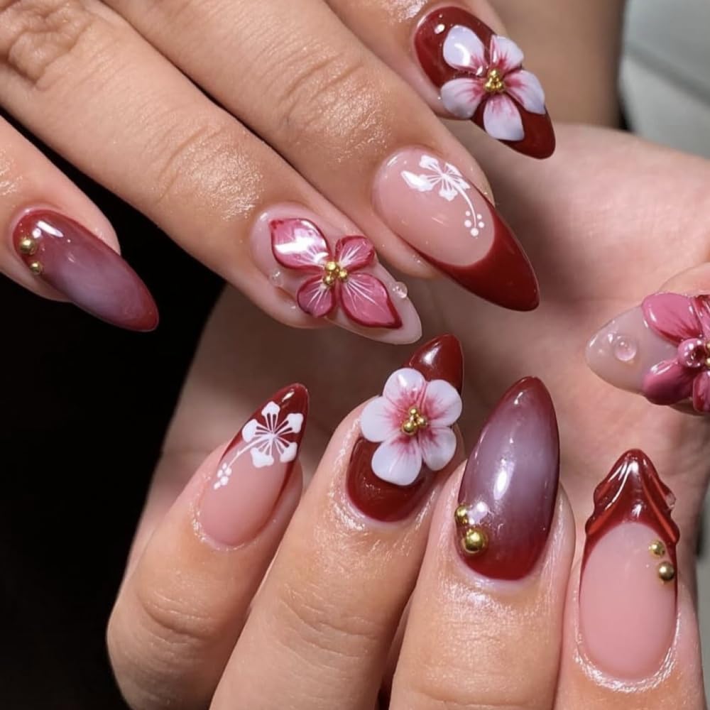 French Tips Press on Nails Medium Almond Fake Nails with Red Flower Charm Design Glossy Ombre Red Glue on Nail Floral Nails Press ons Reusable Full Cover Spring Summer Nail for Women Manicure 24Pcs