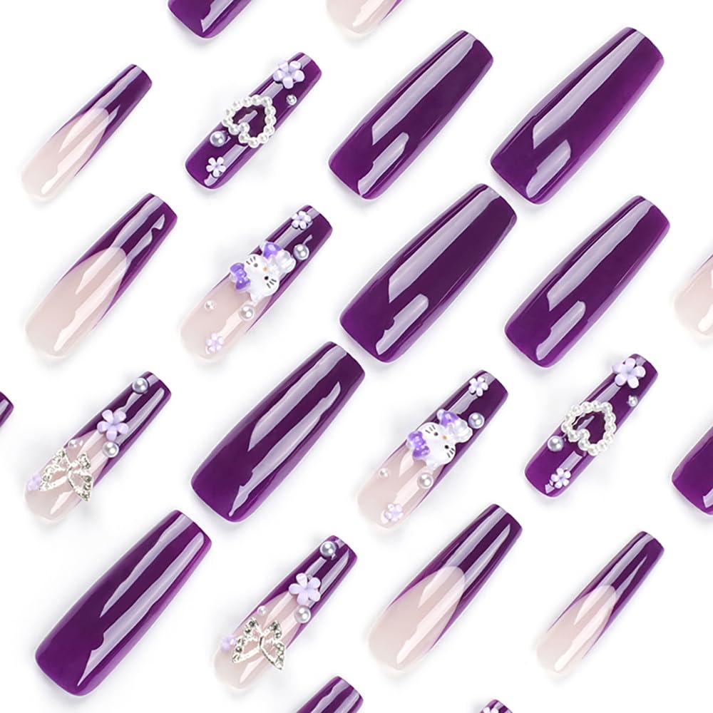 24Pcs Purple Coffin Nails Press on Nails 3D Flowers Pearl Butterfly Nail Charms Design Fake Nails with Glue 3D Flowers Full Cover Purple Acrylic Nails for Women