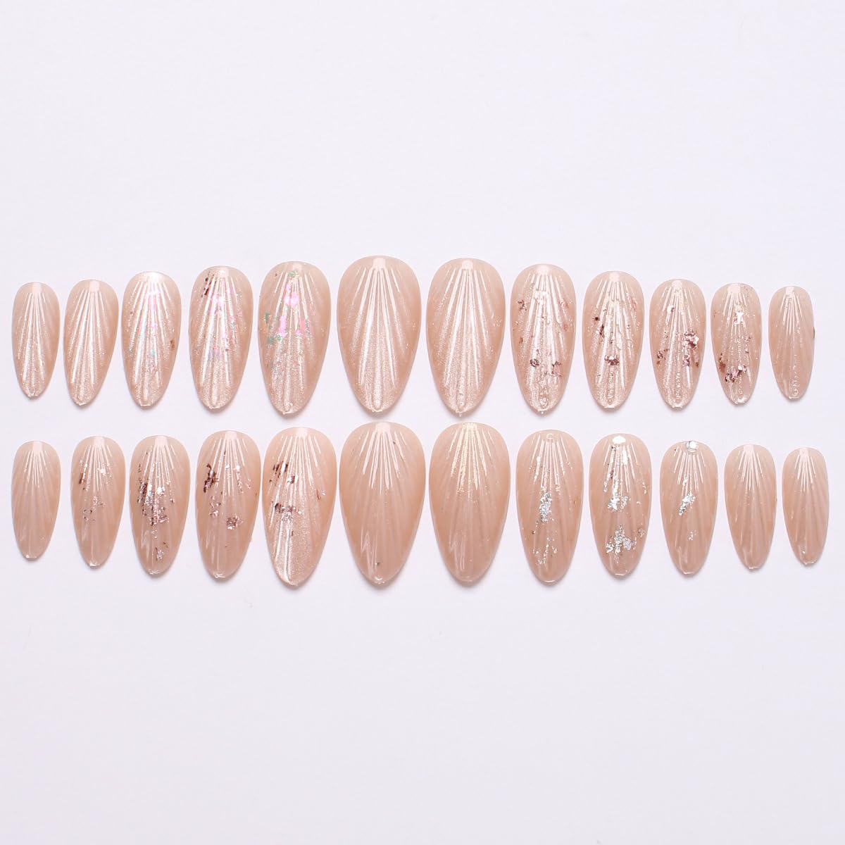 Medium Almond Press on Nails - Glitter Fake Nails with Shell & Rhinestones Designs Cat Eye False Nails Glossy Glue on Nails Reusable Full Cover Stick on Nails for Women Manicure 24Pcs