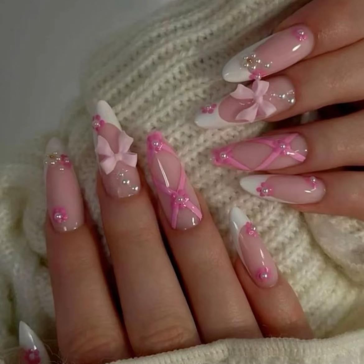 Handmade Almond Press on Nails White French Tips Pink Fake Nails with 3D Flower Bow Charms Acrylic Nails Press ons Cute False Nails Reusable Stick on Nails 10pcs (MT-117, L)