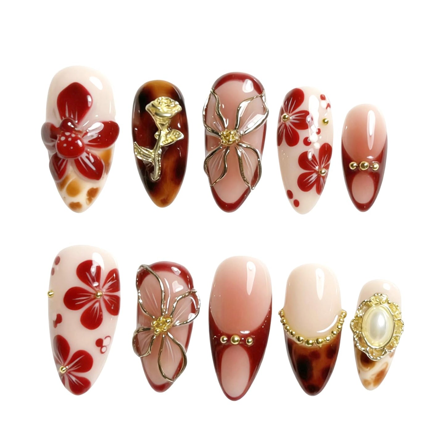 30Pcs Leopard French Tip Press on Nails Medium Almond Fake Nails with 3D Flower & Gems Design Valentine False Nails Rose Flowers Stick on Nails Glossy Fall Winter Floral Acrylic Glue on Nail for Women