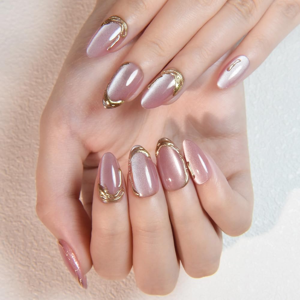 evpct Pink Cat Eye Press on Nails Short Almond with Gold Liner Design, Gold French Tip Stick on Nail for Women Gift with Kit, Reusable Full Cover Soft Gel Press on Fake Nail with Cat Eye Design