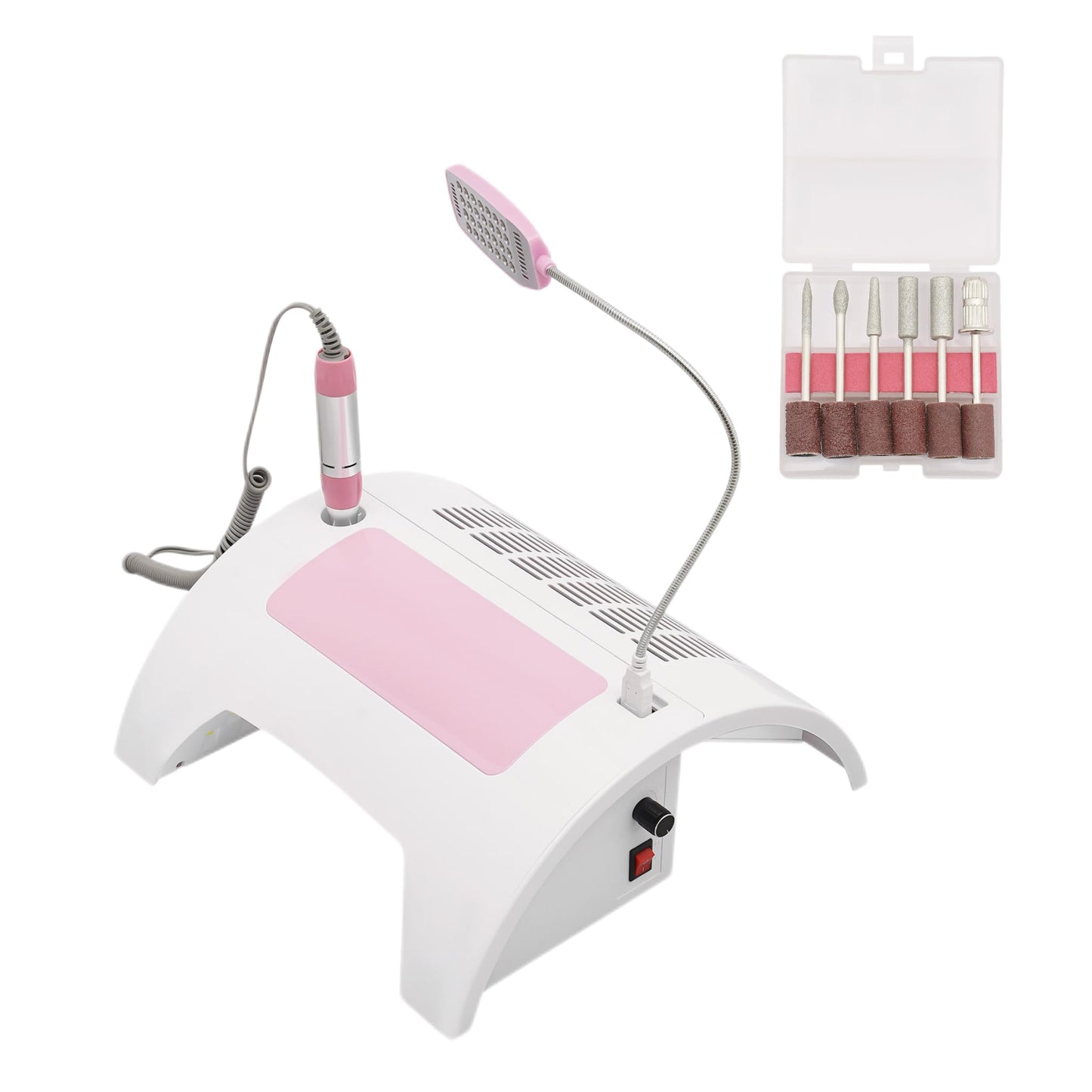 XIJIE Nail Dust Collector 5-in-1, Professional Collector Dust Extractor, Electric Nail Drill Machine, Charging and Lighting Nail Machine w/UV + LED Lamp for Salon & Home (60W) (Pink+White)