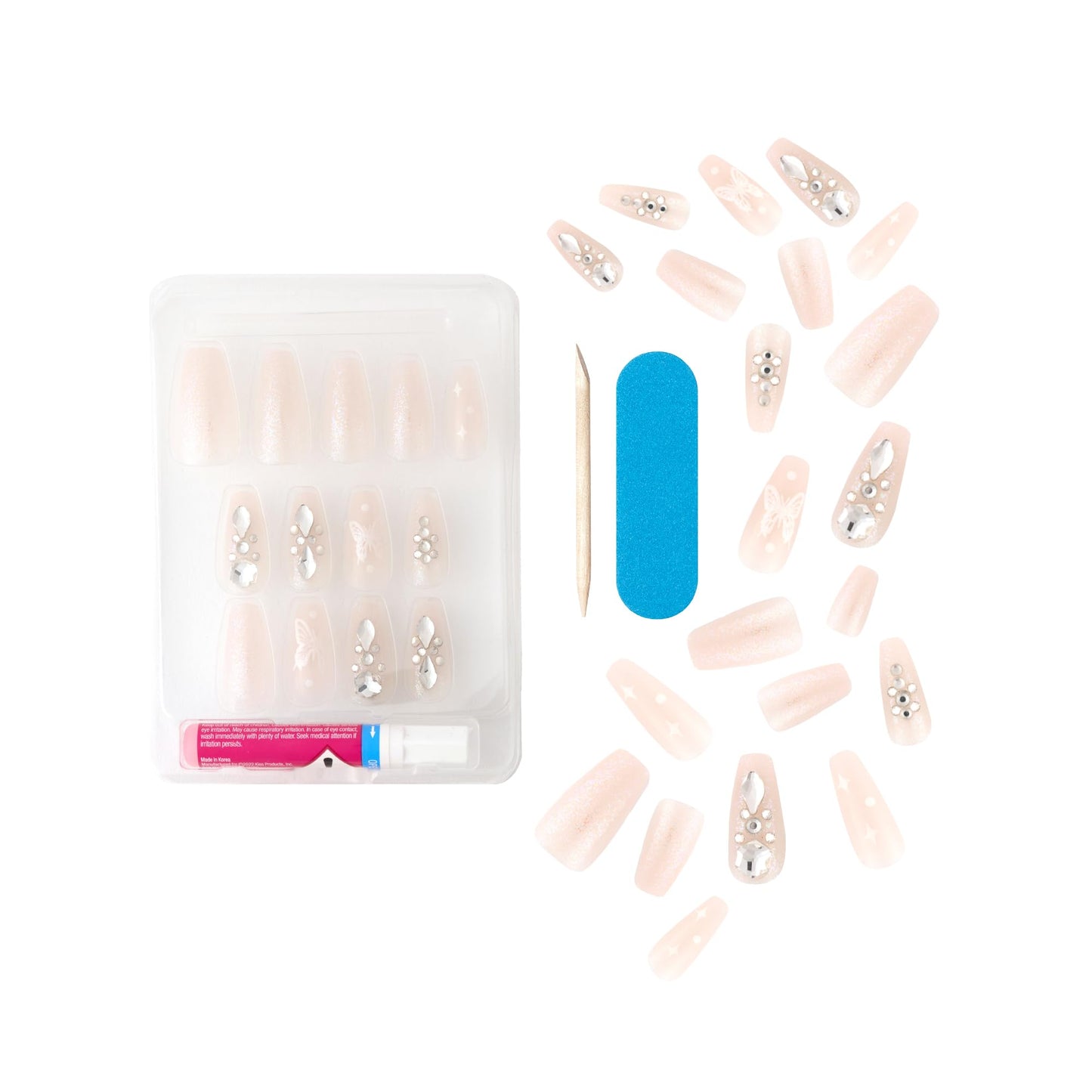KISS Majestic, 30 Pcs Press On Nails, Medium Coffin Fake Nails, Pink Butterfly Glitter Design with Gems, Reusable Stick On Extensions Full Cover Kit with Glue, Adhesive Tabs, Manicure Stick & File