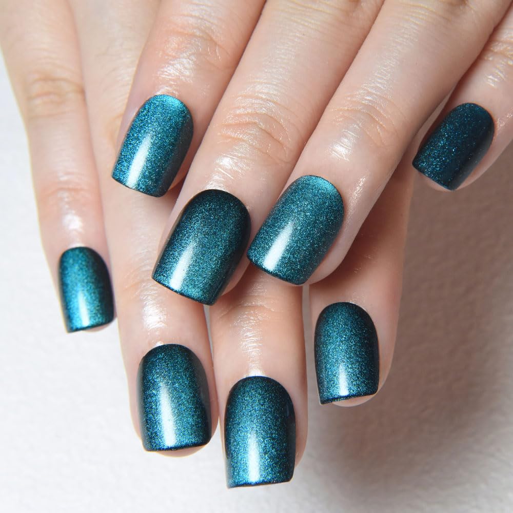evpct Peacock Blue Cat Eye Press on Nails Short Square, Short Square Stick on Nail for Women Gift, Sapphire Blue Metallic Glitter Reusable Gel Press on Acrylic Fake Nail with Cat Eye Designs