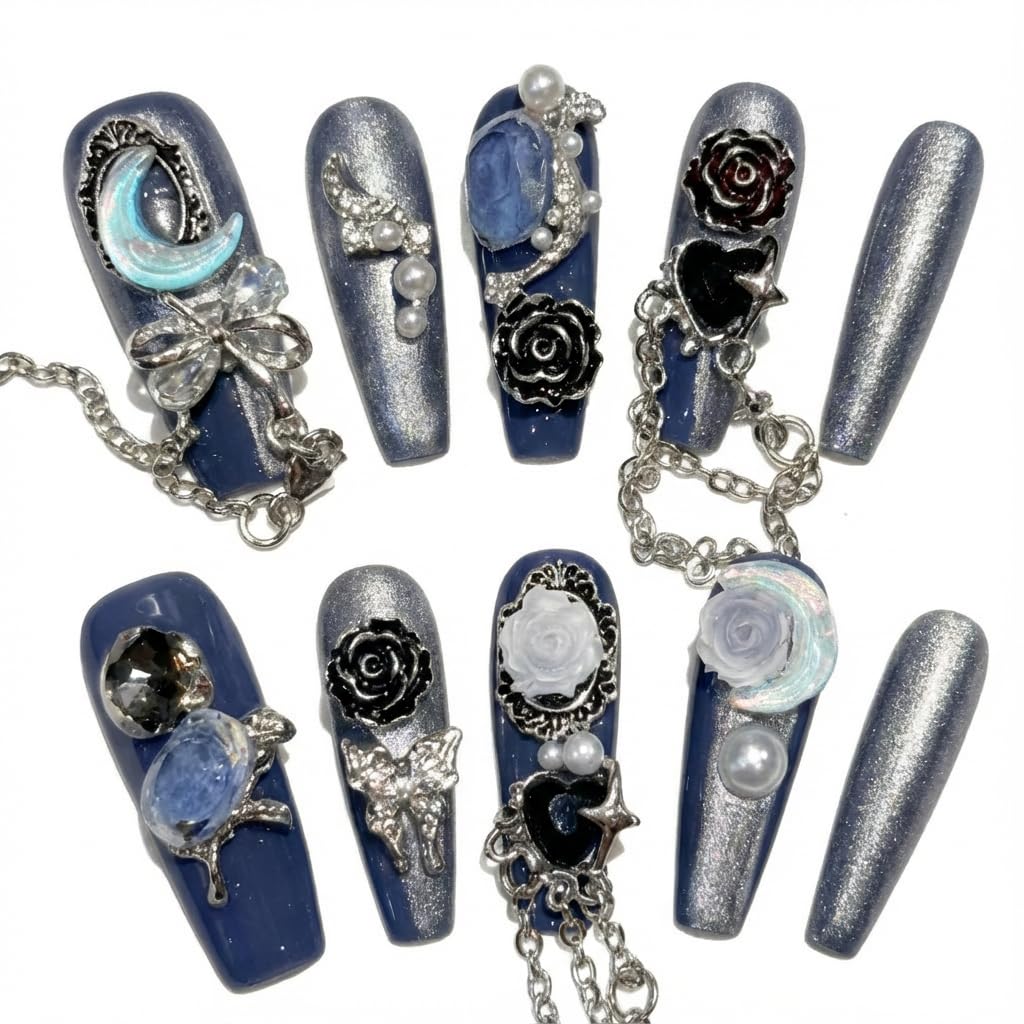Handmade Press on Nails Blue Square Style with Luxury Moon Flower Pearl and Heart Gem Decor Acrylic Nails Press on Handmade Nails Punk Press On Nails(L)