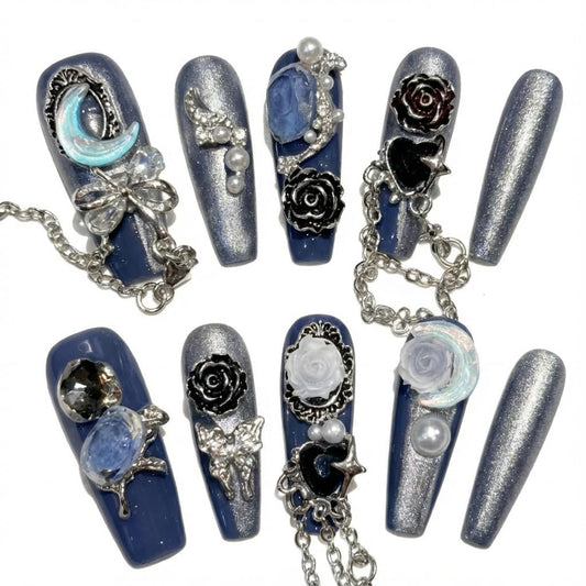 Handmade Press on Nails Blue Square Style with Luxury Moon Flower Pearl and Heart Gem Decor Acrylic Nails Press on Handmade Nails Punk Press On Nails(L)