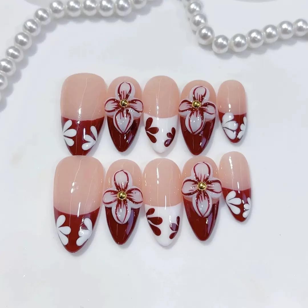 Haozerart Handmade Press On Nails, Medium Almond Luxury Burgundy Fake Nails, 3D Flower Glossy French Tip Reusable False Nails Kit for Women, (M Size, 10Pcs)