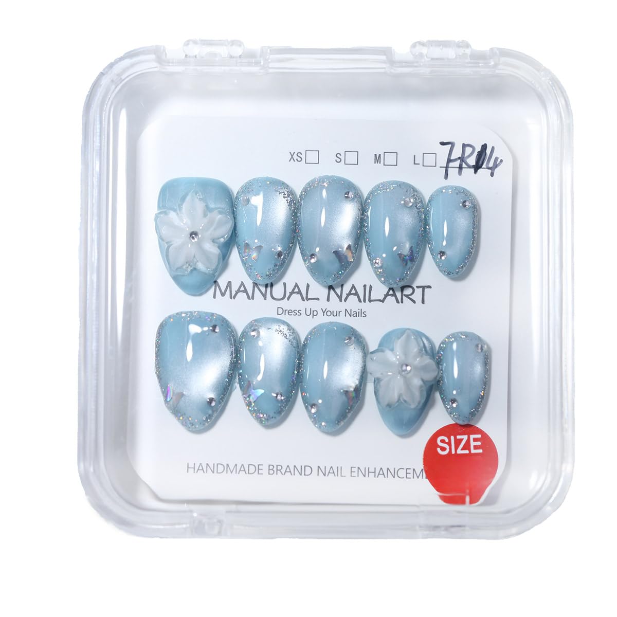 10 Pcs Short Almond Handmade Press On Nails | Sky Blue Cat Eye with 3D Floral & Rhinestone Accents | Reusable, Easy to Apply & Remove, Salon-Quality Manicure (RR16, XS)
