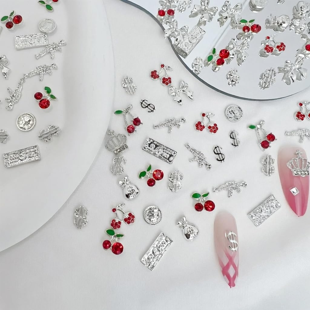 Pizadix 106Pcs Silver Red Nail Art Charms, 3D Cherry Money Bag Coin Gun Cross Jewelry, Y2K Retro Luxury Designer Nail Supplies