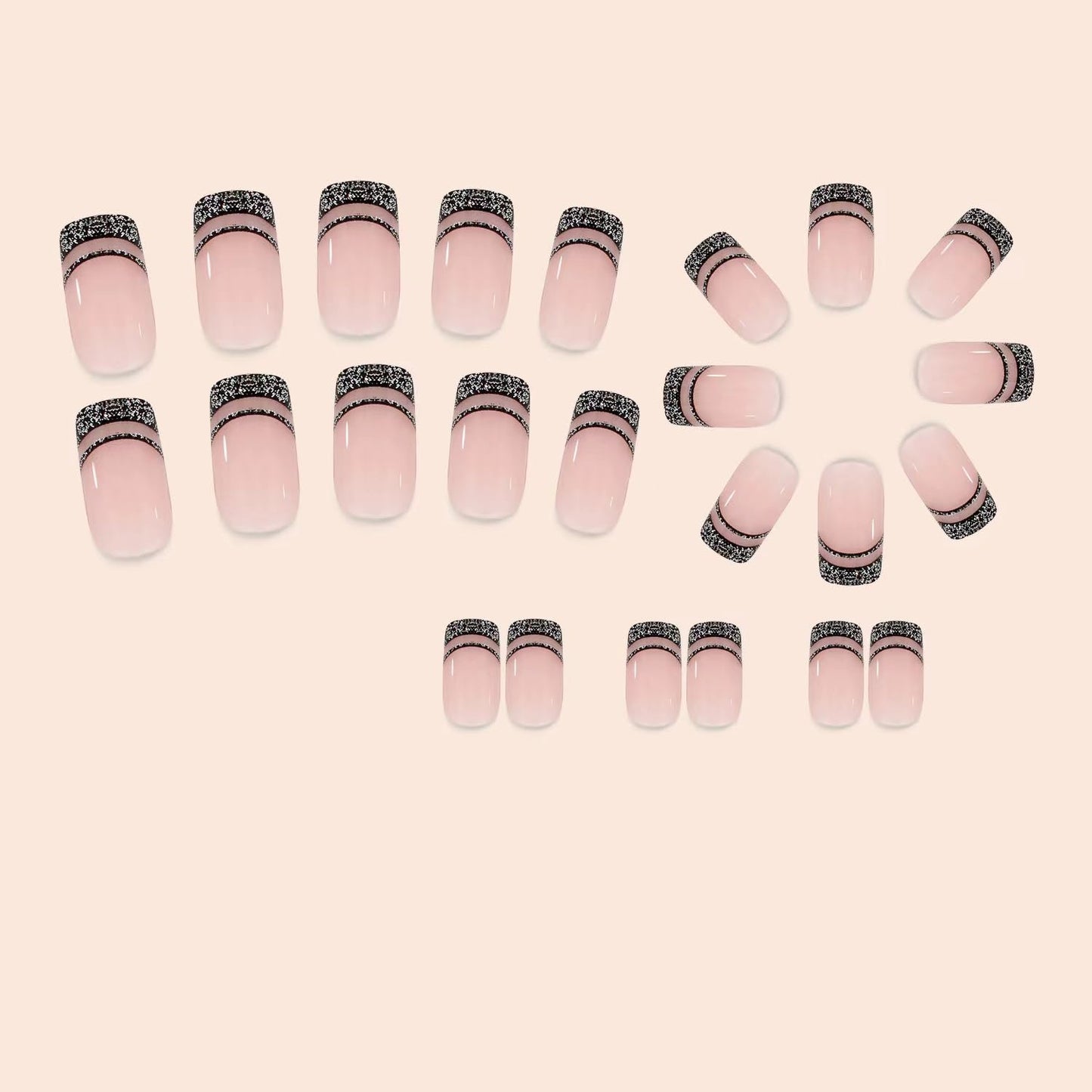 Black French Tip Press on Nails Medium Square Fake Nails with Design Black Line False Nail Glitter Glue on Nail Glossy Full Cover Artificial Acrylic Bling Stick on Nail for Women NBNTGH Manicure 24pcs