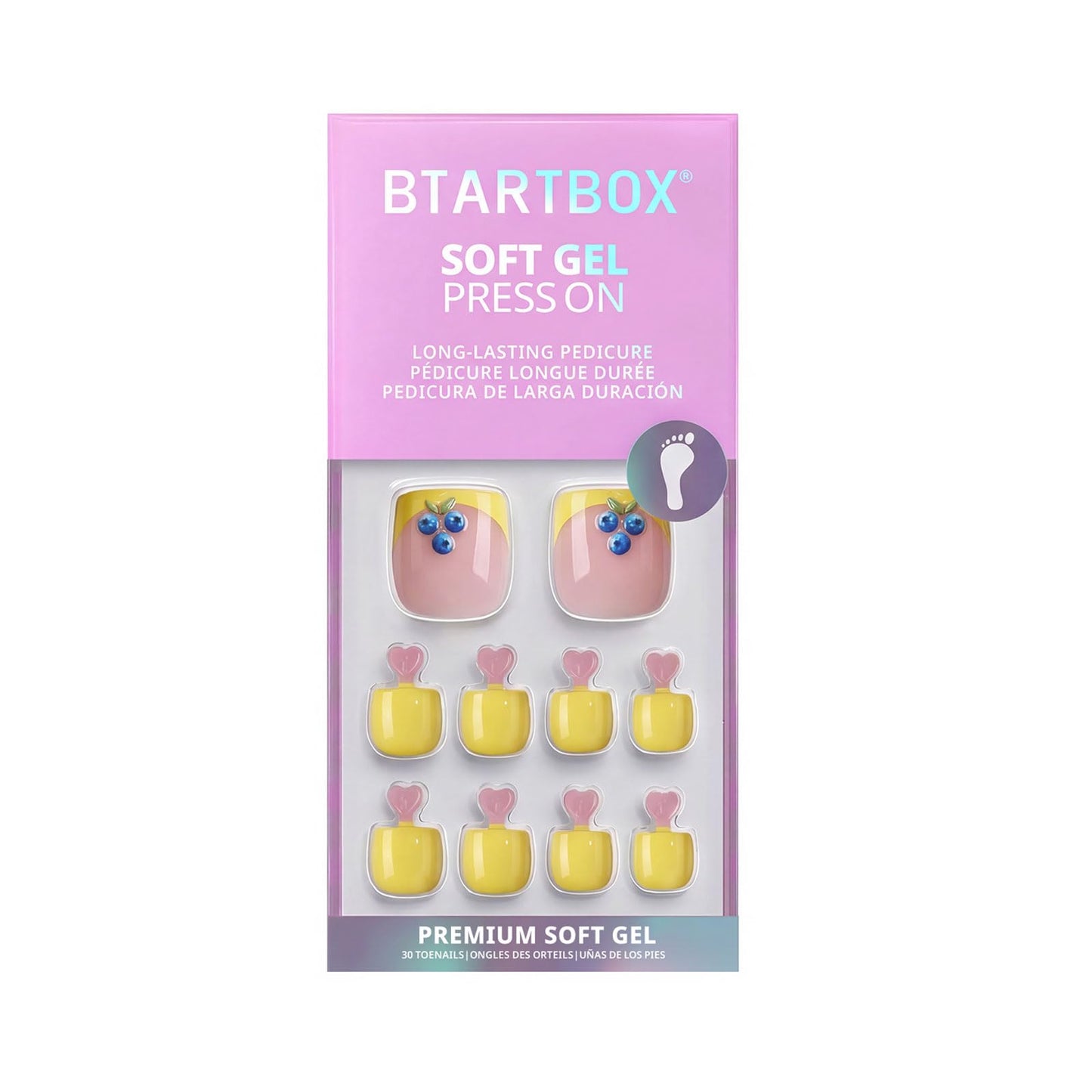 BTArtbox Press On Toenails Short - Blueberry Rain, Easy-to-Apply 3D Yellow French Tip Square Toe Nail Press Ons with Glue and Adhesive Tabs in 15 Sizes - 30 Toenails All-in-One Kit