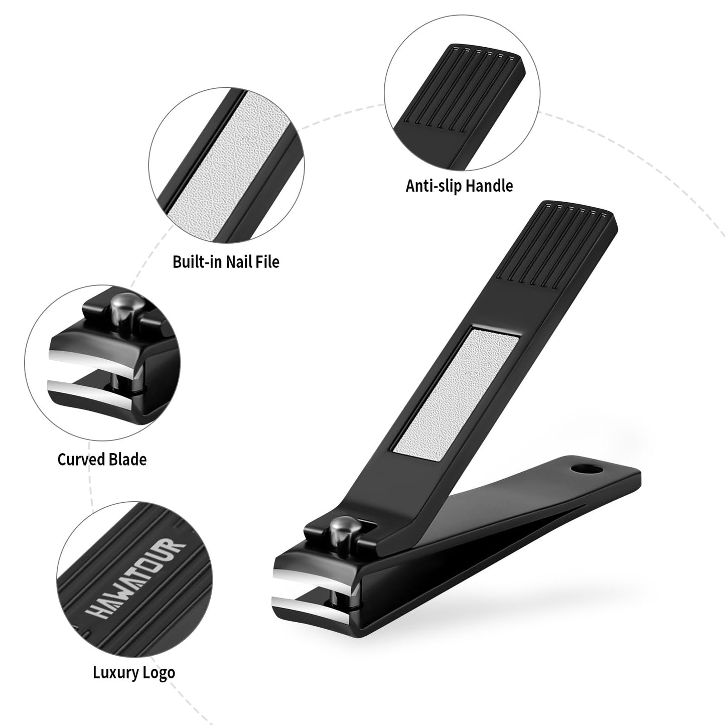 HAWATOUR Nail Clippers Set, Ultra Sharp Curved Blade Fingernail and Toenail Clipper Cutters with Visibly Tin Case, Squares and Stripes, Black