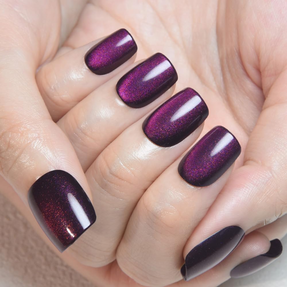 evpct Purple Cat Eye Press on Nails Extra Short Square, Petite Short Press on Stick on Nails for Women Gift, Dark Purple Holographic Glitter Glossy Reusable Stick on Gel Acrylic Fake Nail with Design