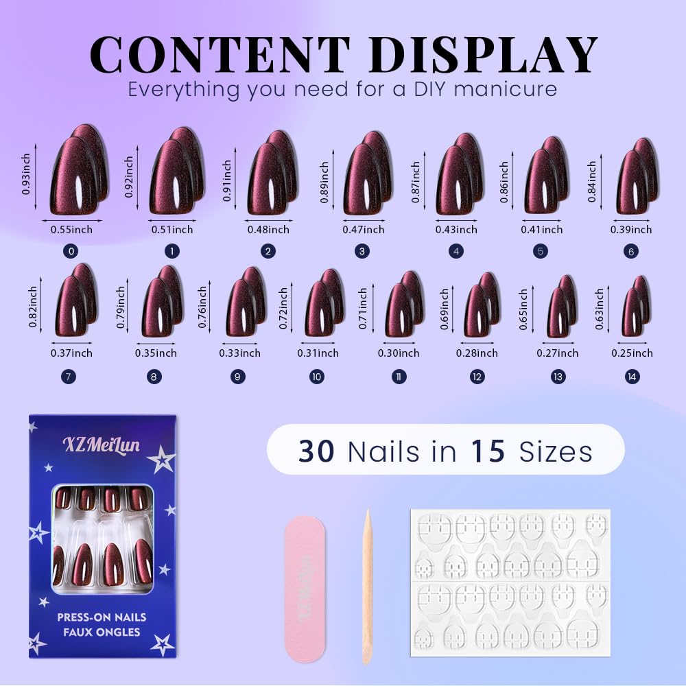 XZMeiLun Cat Eye Purple Red Press On Nails Almond Medium, Magnetic Acrylic Fake Nails Stylish Design, Salon-Quality Shiny Finish, Reusable Stick On Nails Kit for Women, Daily Wear (No Glue Included)
