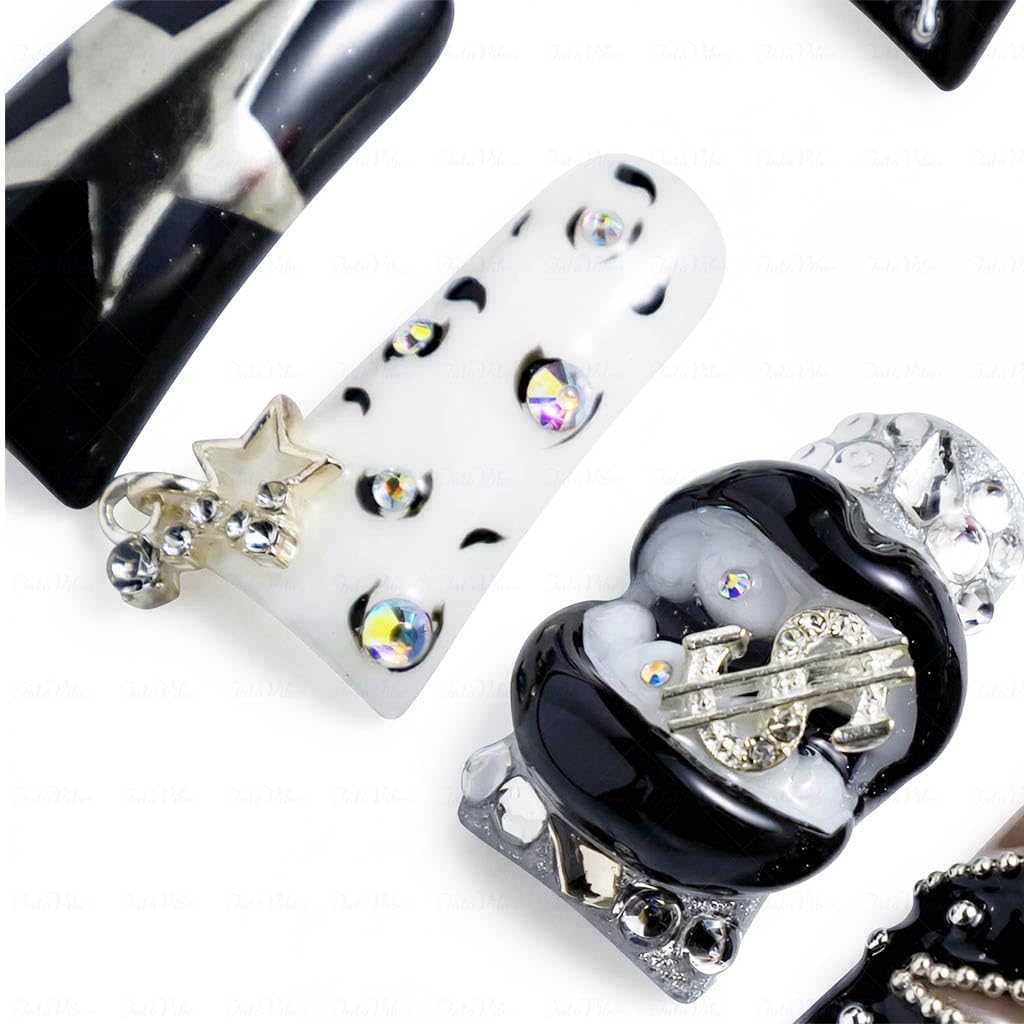 IntoVibes 10 Pieces Luxury Acrylic Press On Nails Long Handmade Duck Nails, White And Black Thickened False Nails, Exaggerated Lips And 3D Dollar Sign, Reusable Fake Nails, Acrylic Nails (L)