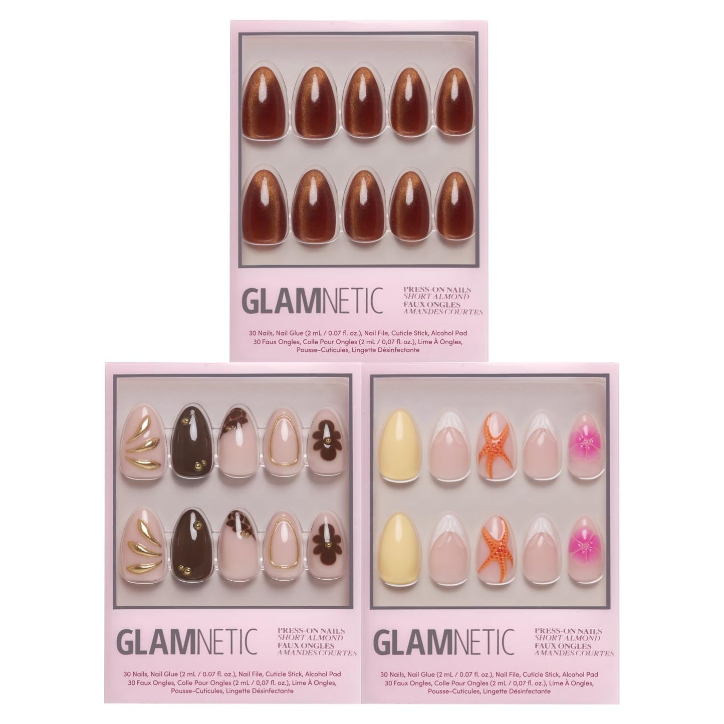 Glamnetic Short Almond Press-On Nails Bundle - Sicilian Sun, Sunbaked & Sunset Tide | Brown Fake Nails with a Velvet Finish | Tropical Nails with Brown Floral Designs, Gold Foil | False Nails Nails wi