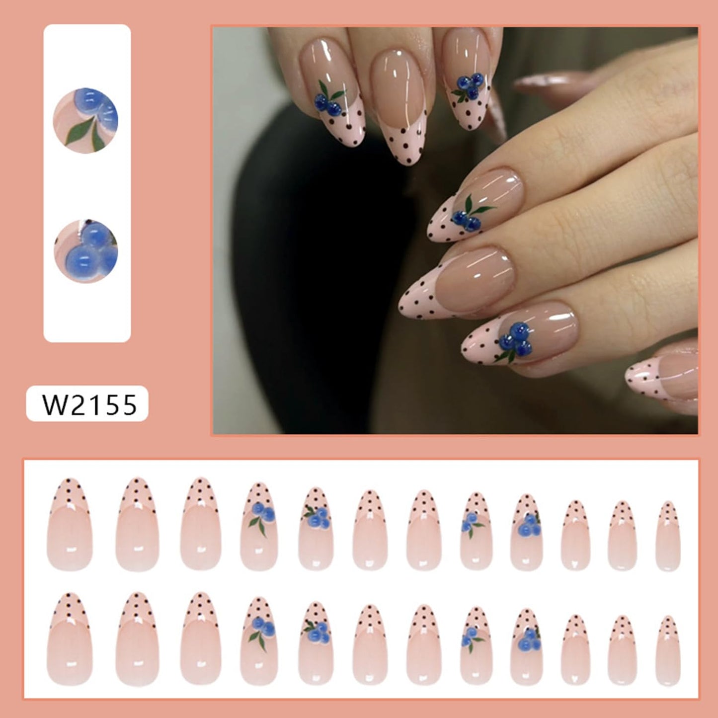 Nude Pink Press on Nails Medium Length Artificial Acrylic French Black Polka Dots Tip Fake Nails 3D Blueberry Almond Coffin Nail Spring Design Stick on Nail Artificial Fingernails for Women Manicure