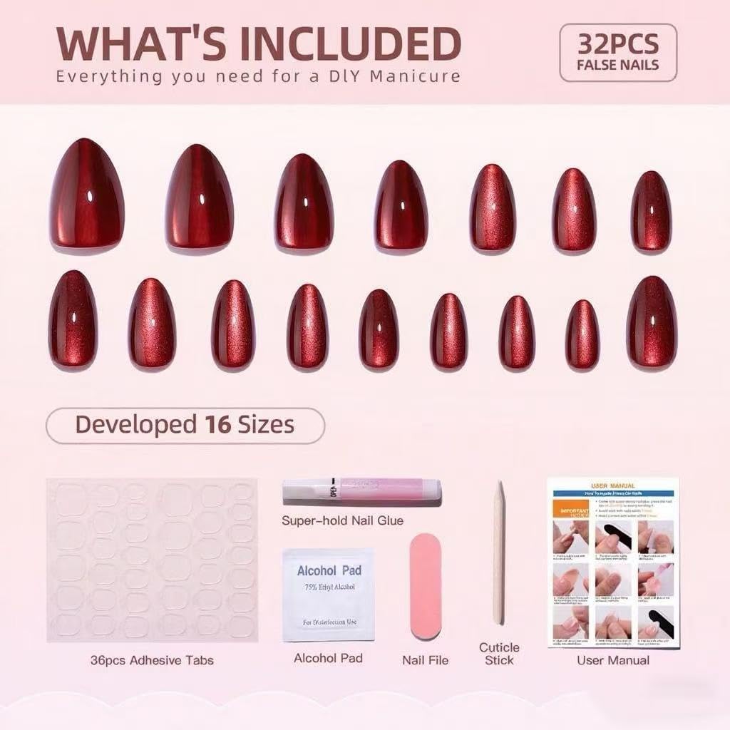 Red Magnet Short Almond Press on Nails - Aurora Mirror Chrome Cat Eye & Glitter Soft Gel Reusable Fake Nails for Women Girls, Daily Party Date, 32 Pcs 16 Sizes with Glue Kit