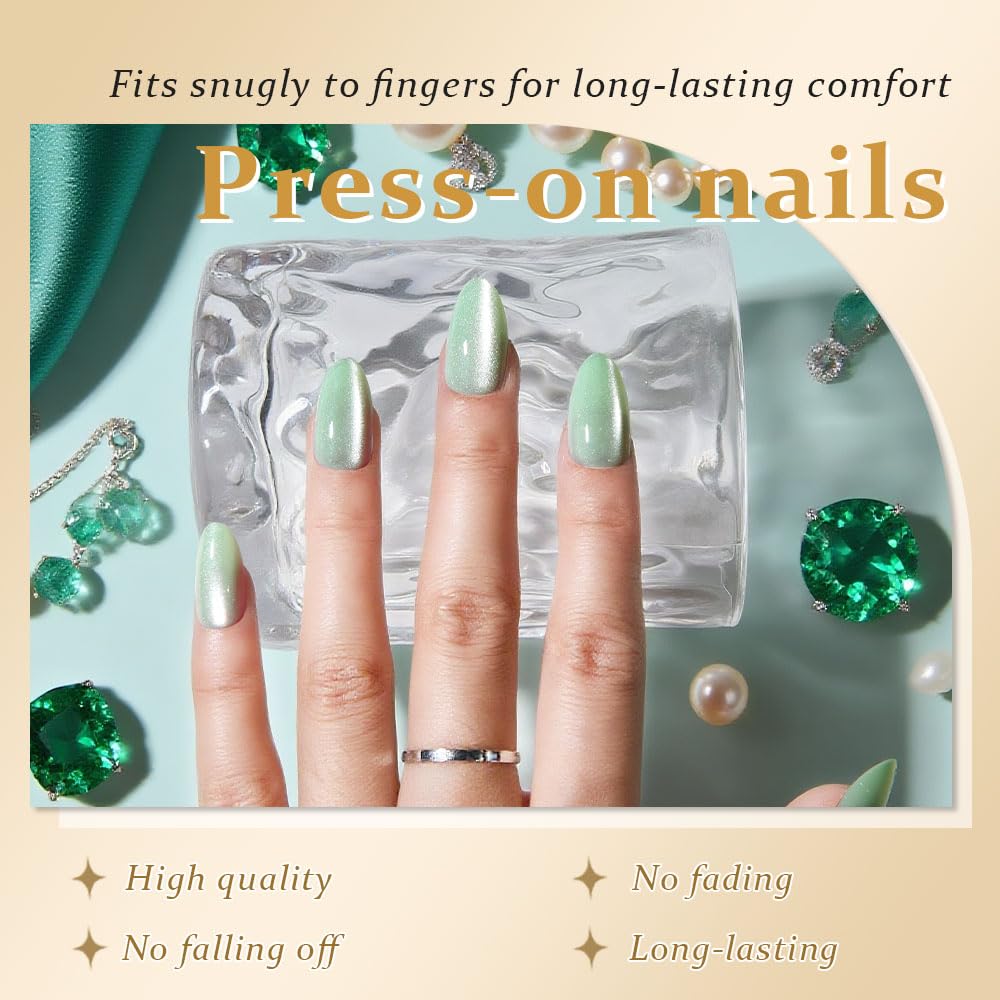 evpct Light Green Cat Eye Press on Nails Short Almond, Petite Short Almond Stick on Nails for Women Gift, Light Green Holographic Glossy Fake Nail Reusable, Soft Press on Acrylic Nail with Designs