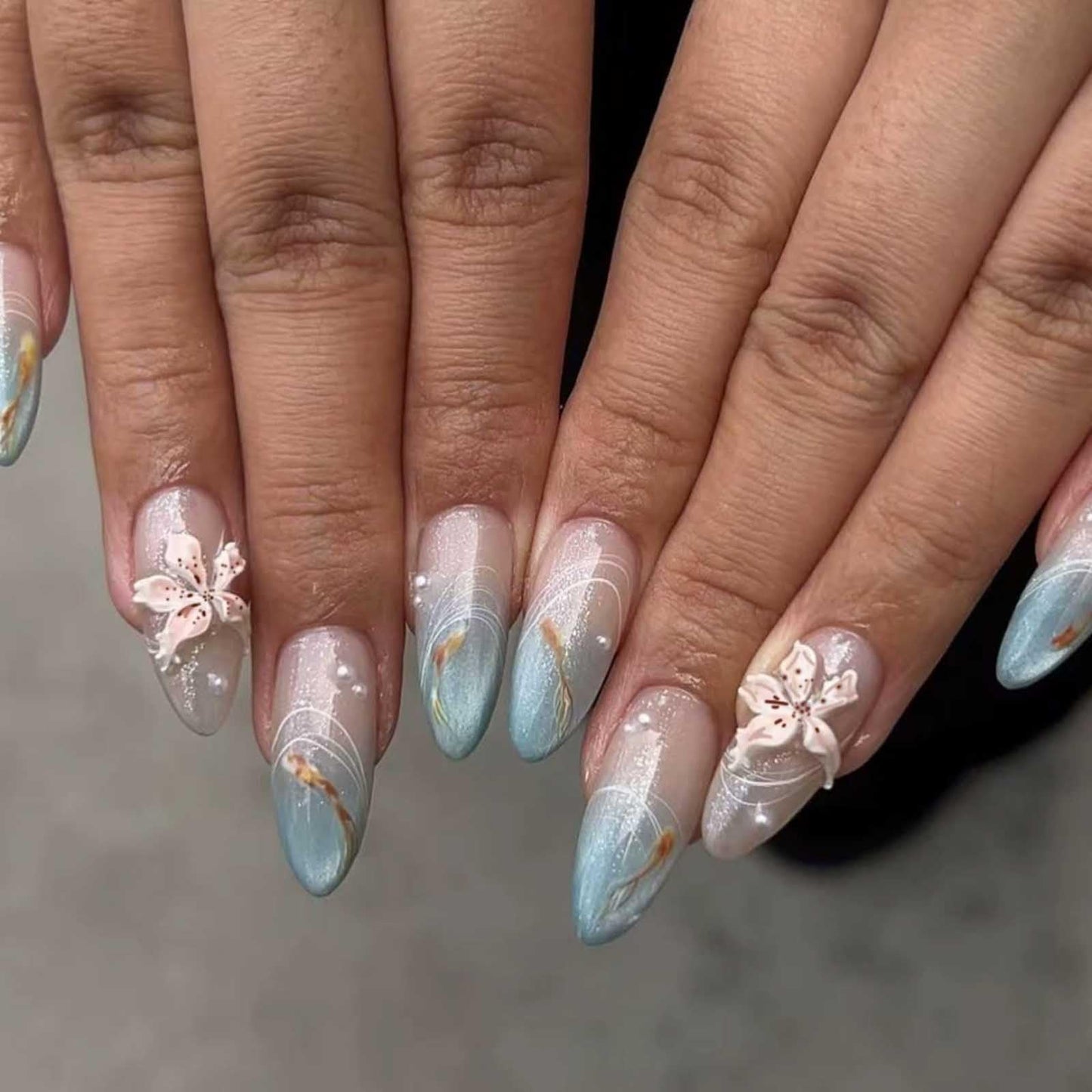 Hkanlre Almond Fake Nails Tips Medium Blue Press on Nails Fish Full Cover False Summer Gradient Nails for Women 24PCS