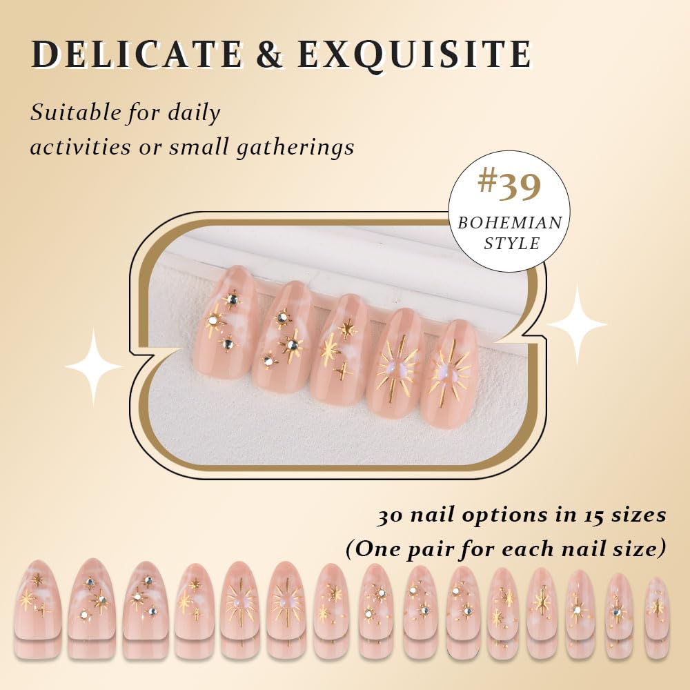 evpct 3D Nude Bohemian Design Press on Nails Medium Almond No Glue, Nude Gold Star Glossy Stick on Nails for Women with Kit, Reusable Soft Stick on Fake Nail with 3D Gold Stars Designs Perfectly Fit