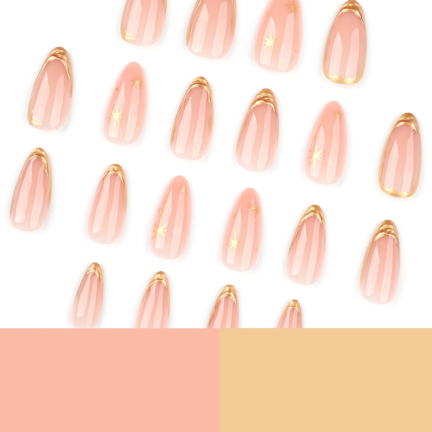 Gold French Tip Press On Nails Medium Almond Fake Nails 3D Gold With Star Design Nude False Nails Full Cover Reusable Glossy Stick On Nail Glue On Nail For Women Girls Manicure Decorations 24pcs