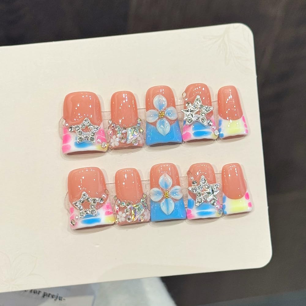 Handmade press on nails Duck Medium Fake Nails Blue French False Nails with 3D Flower Designs luxury Stars Charm Acrylic Nails for Women 10pcs (Size M）