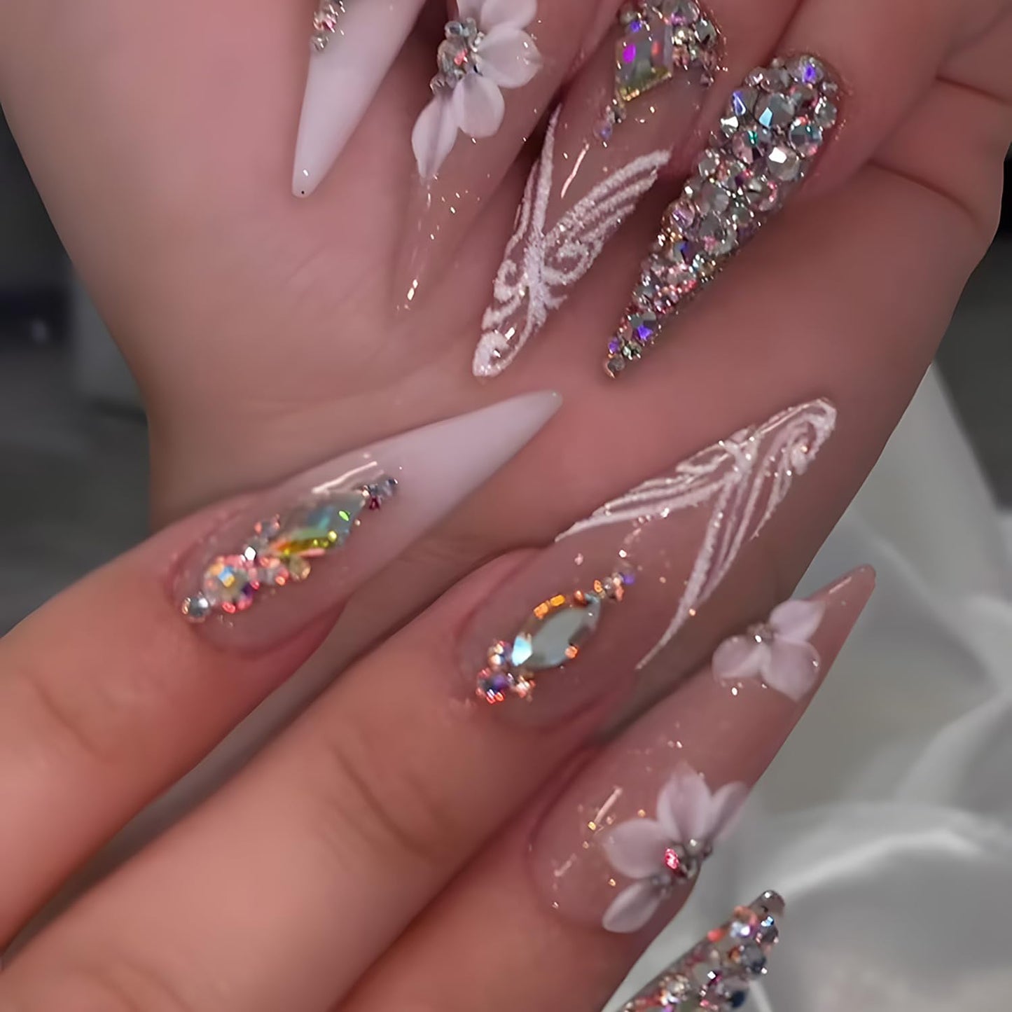 CJDLTS French Tip Press on Nails Long Length Rhinestones False Nail Flower Glitter Powder Stripes Design Full Cover Artificial Almond Stick on Nails Nude Acrylic Glue on Nail for Women Manicure 24Pcs