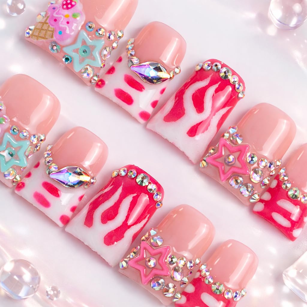 IntoVibes 10 Pieces Luxury Acrylic Press On Nails Short Handmade Duck Nails, Pink Thickened False French Nails, Flame And Rhinestone, Reusable Fake Nails, Glow-in-the-dark Nails (S)