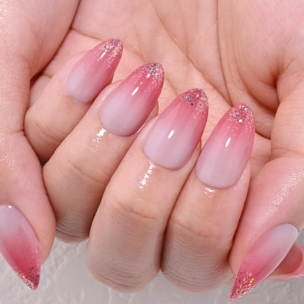 evpct Ombre Peach Pink Press on Nails Short Almond, Sparkle Tip Nail Glossy Stick on Nail for Women Gift with Manicure Kit, Reusable Full Cover Soft Stick on Fake Nails with Ombre Design Perfectly Fit