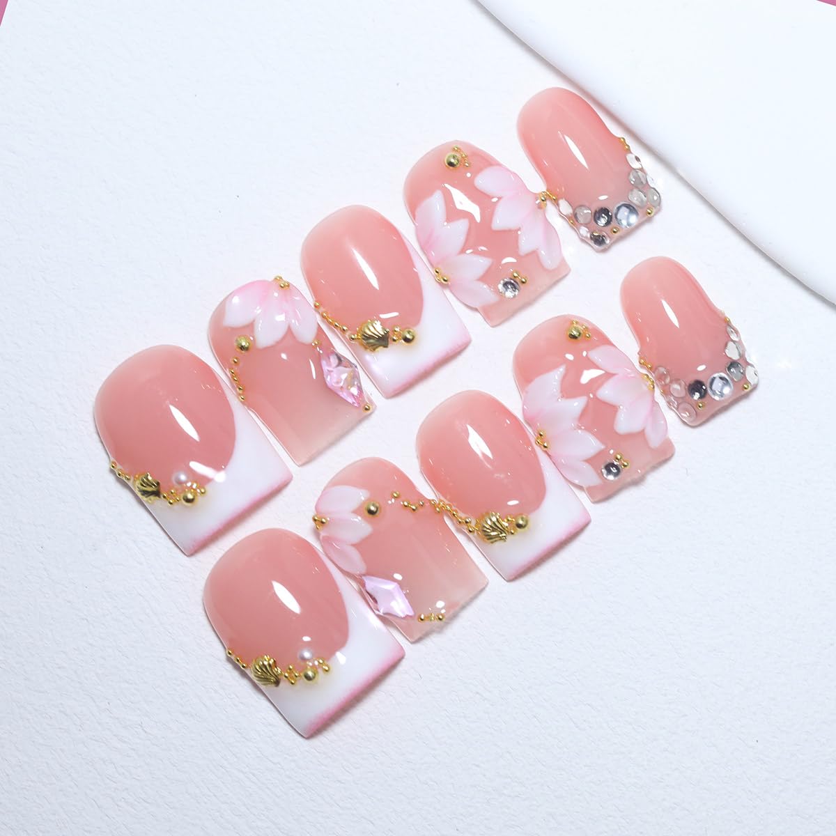 10Pcs Short Square Handmade Press On Nails | Easy Apply & Remove, Reusable Salon Quality Nails | Elegant Blush Pink Fake Nails with 3D Sakura Flower, Gold Seashell & Rhinestone Accents (O912, M)