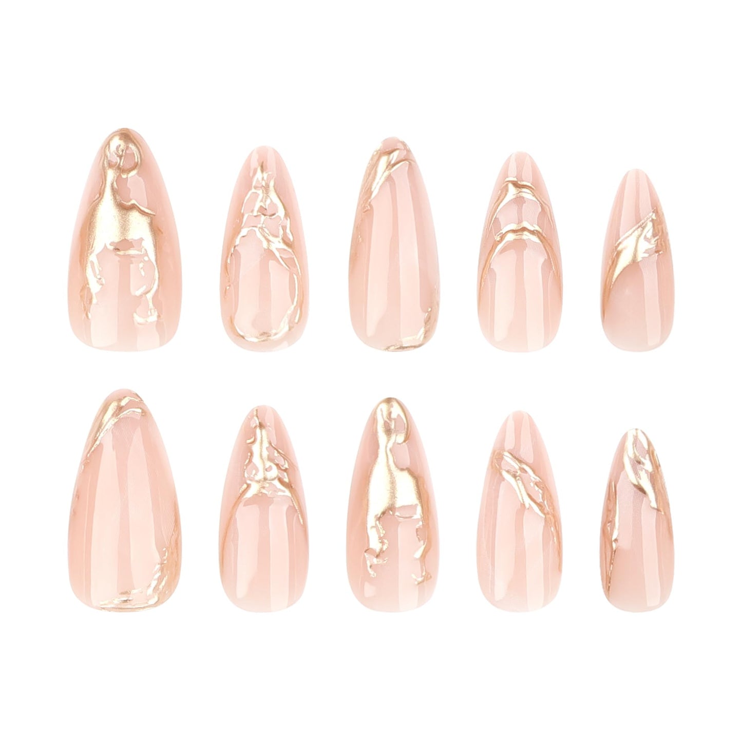 Glamorous Acrylic Nail Set, Nude Tones with Gold Accents, Almond shape