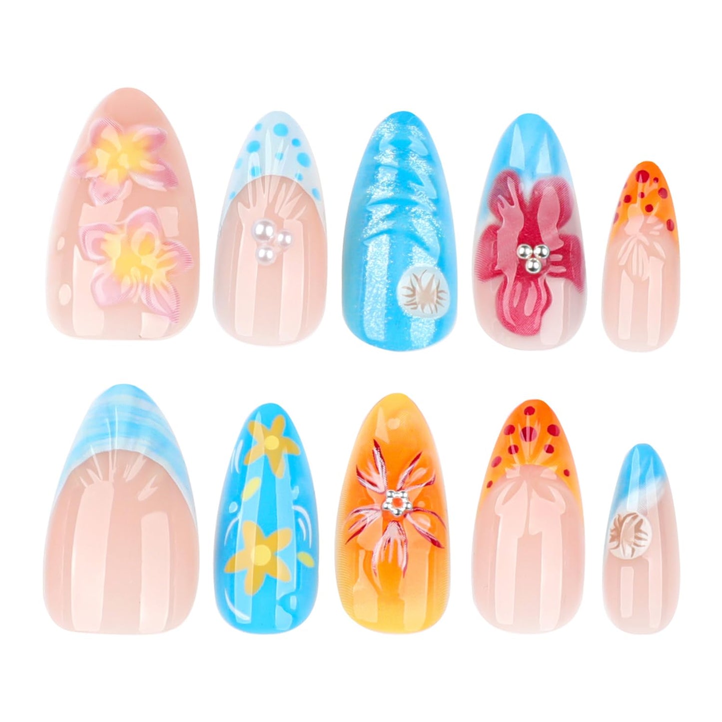 BSBTBZ Tropical Flowers Press on Nails 24Pcs Short Almond Acrylic ABS False Nails with Bead Pearl Charms Design Glue on Nails Summer Floral French Tip Style