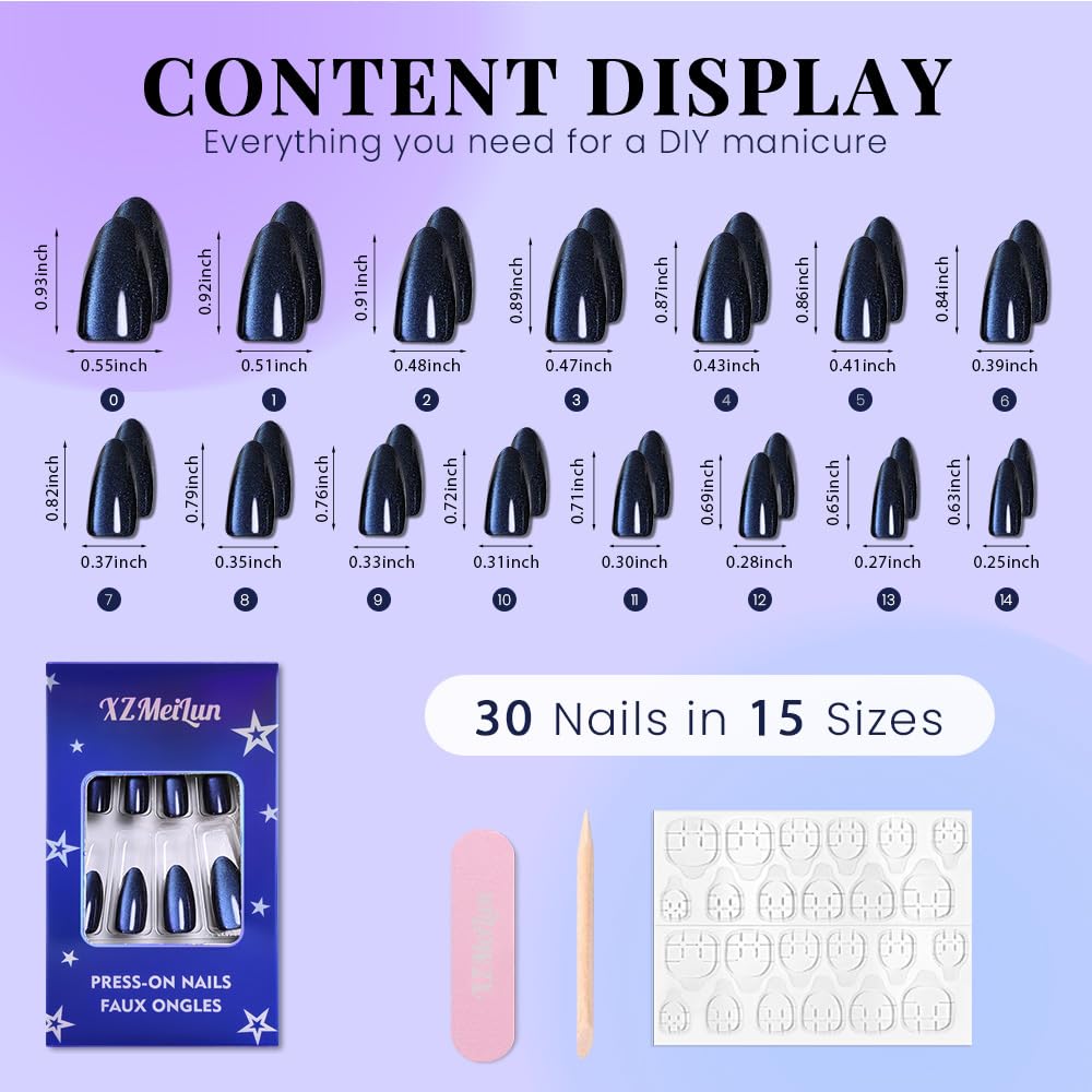XZMeiLun Cat Eye Starry Blue Press On Nails Almond Medium, Magnetic Acrylic Fake Nails Stylish Design, Salon-Quality Shiny Finish, Reusable Stick On Nails Kit for Women, Daily Wear (No Glue Included)