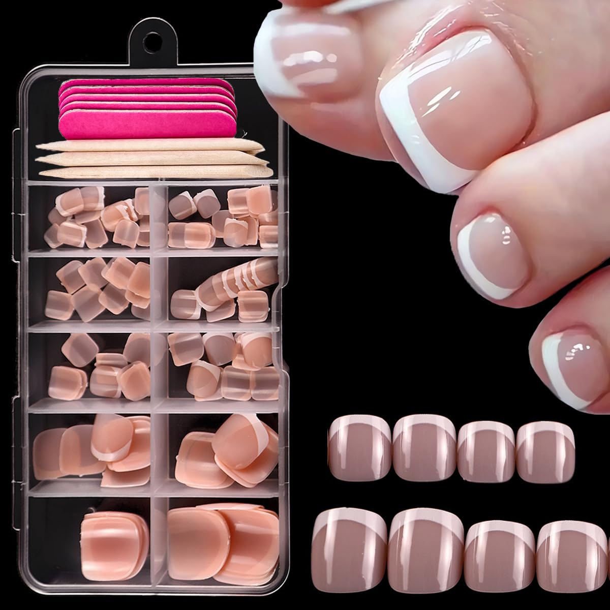 120 Pcs White French Tip Press on Toenails Whtie French Toe Nails Press on with Glue, Glossy Short Square Nude Fake Toenails Full Cover Acrylic Artificial Toenail for Women Girls Manicure