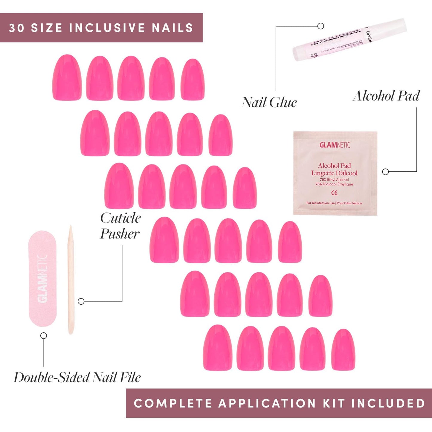 Glamnetic Press-On Nails - Hot Pink | Super Strong Brush On Nail Glue & Nail Adhesive Tabs | Neon Pink Short Oval Fake Nails | 15 Sizes - 30 Nail Kit with Glue & Nail Tabs