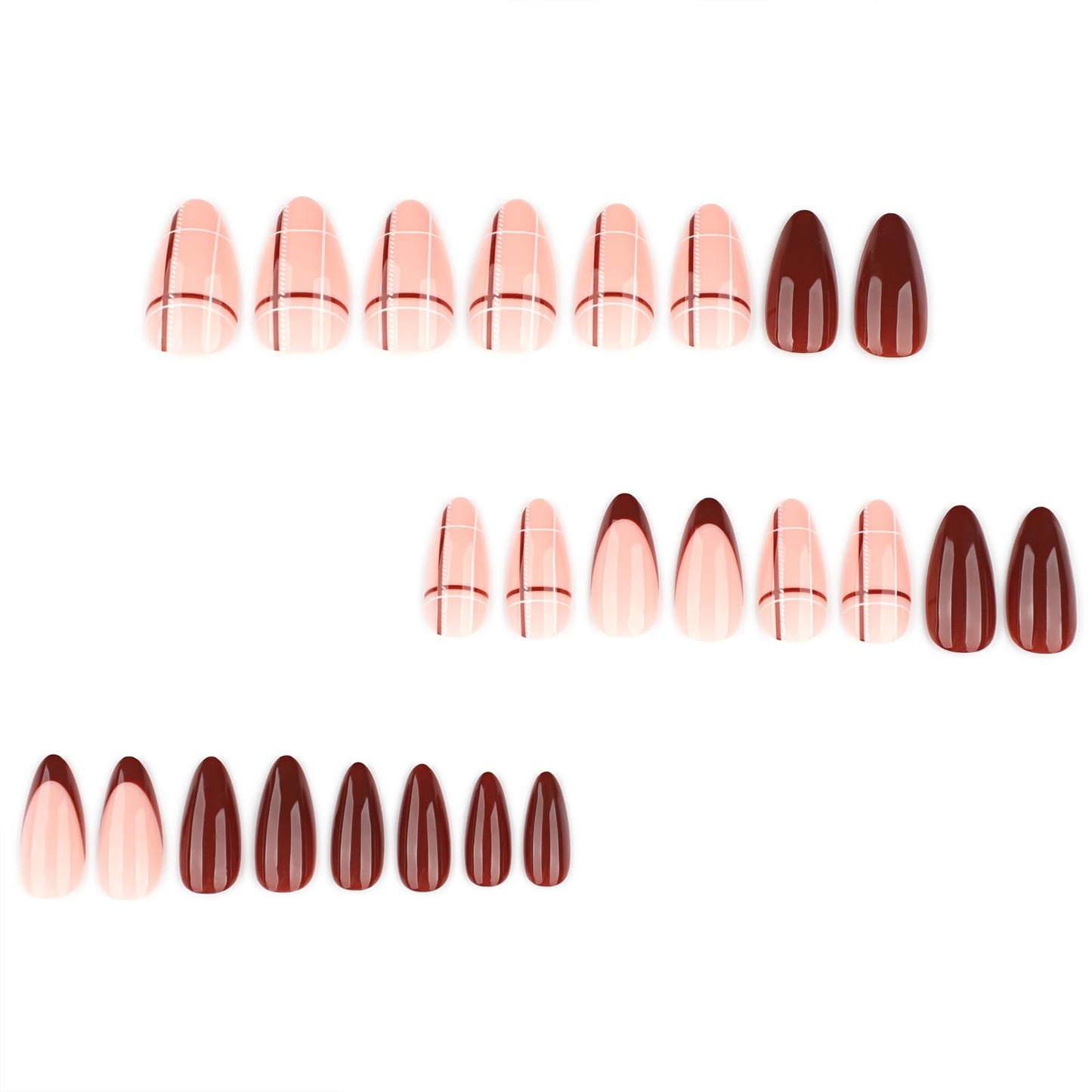 Mivota Almond Press On Nails Long Soft Gel Brown Plaid Fake Nails for Women, 24PCS Reusable Glossy Nude Brown False Nails with Glue, Trendy Checkered Design Stick On Nail Tips for DIY Salon Manicure