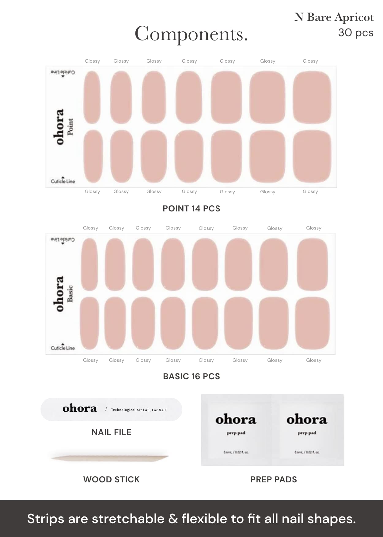 ohora Semi Cured Gel Nail Strips (N Bare Apricot) - Nude, Solid, Works with Any UV/LED Lamps, Salon-Quality, Long Lasting, Easy to Apply & Remove - Includes 2 Prep Pads, Nail File & Wooden Stick