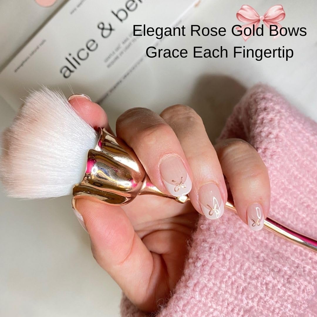ALICE & BELLA Semi Cured Gel Nail Strips-20 PCS Light Pink French Tips with Rose Gold Bow Salon Quality Nail Gel Stickers, Use with UV Light Lamp, (French Rose Gold Bow)