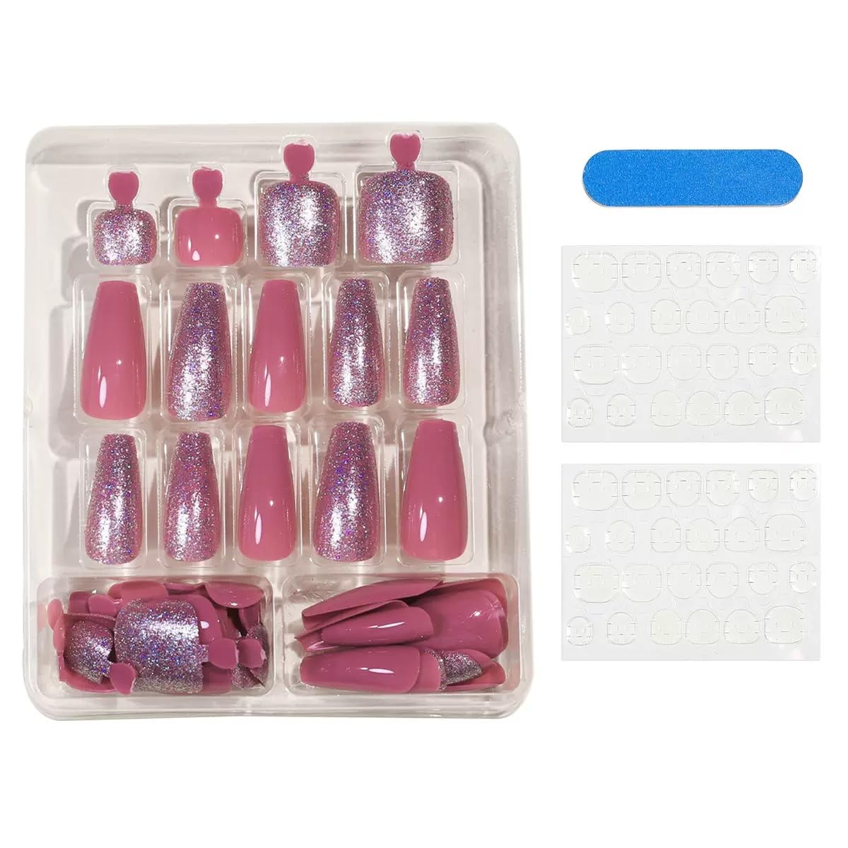 CTTHNBD Pink Press on Nails & Square Press on Toenails Set, Medium Coffin Fake Nails with Glitter Design - for Women 48 Pcs